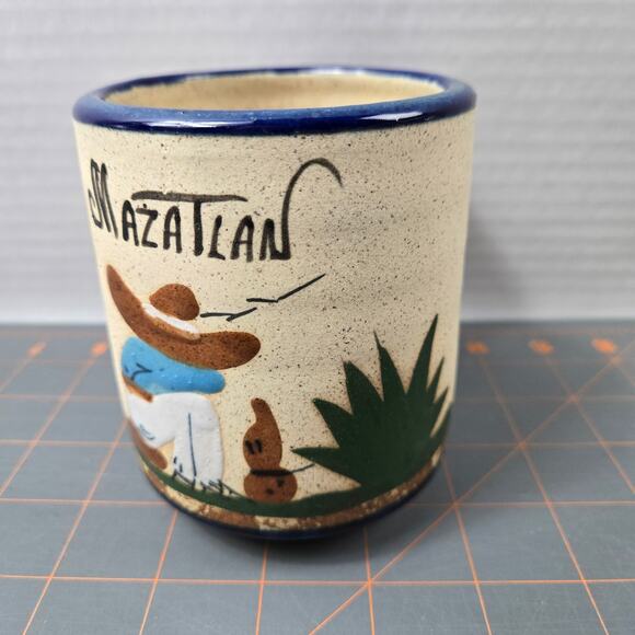 Signed Sandstone Texture Pottery Coffee Tea Mug Mexico Sombrero Cactus Blue Rim - Picture 4 of 13